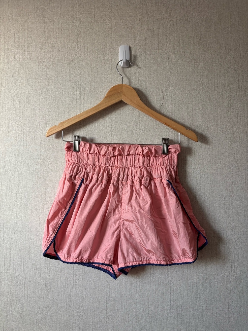 Free People Pink Athletic High-Waist Ruffle Shorts with Navy Trim